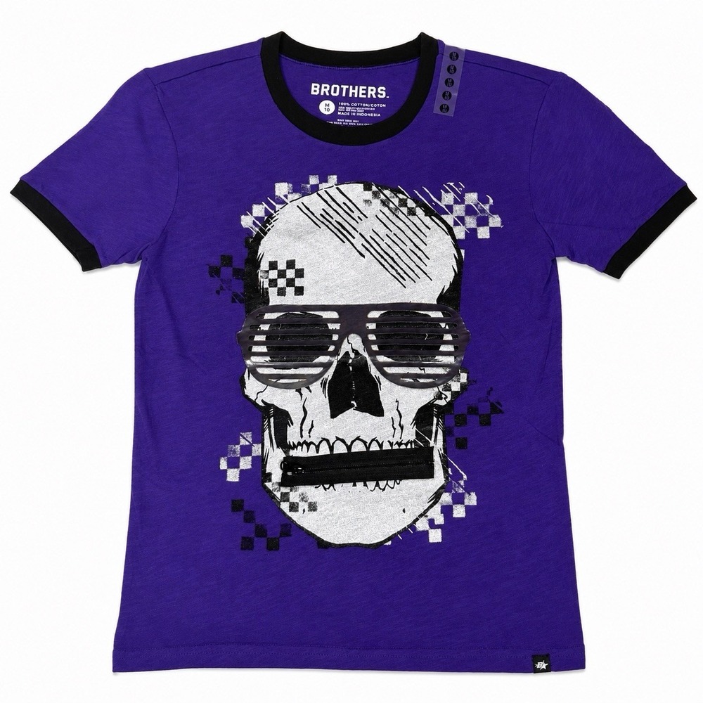 Brothers by Justice Purple Skull Graphic T Shirt Halloween Zipper Mouth M 10 NWT